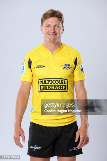 Jordie Barrett poses during a Hurricanes 2024 Super Rugby Headshots Session at NZCIS on January 18, 2024 in Wellington, New Zealand.