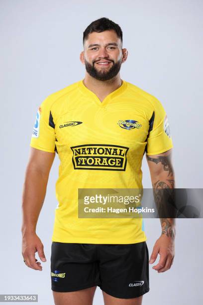 Tyrel Lomax poses during a Hurricanes 2024 Super Rugby Headshots Session at NZCIS on January 18, 2024 in Wellington, New Zealand.