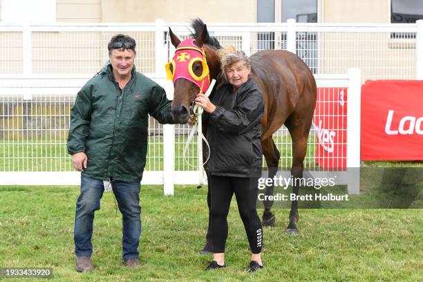 Trainer Damien Walkley after his horse Peppino won the Brandt Leongatha BM58 Handicap at Stony Creek Racecourse on January 18, 2024 in Stony Creek,...