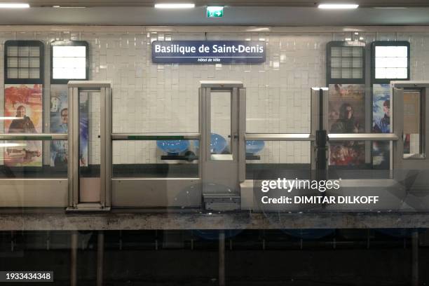 This photograph taken on January 18, 2024 shows the platform of the 'Basilique de Saint-Denis' metro station in Saint-Denis, on the outskirts of...