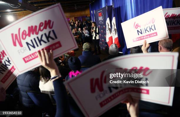 Republican presidential candidate former U.N. Ambassador Nikki Haley speaks during a campaign event at Jethro's BBQ on January 14, 2024 in Ames,...