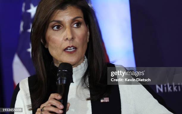 Republican presidential candidate former U.N. Ambassador Nikki Haley speaks during a campaign event at Jethro's BBQ on January 14, 2024 in Ames,...