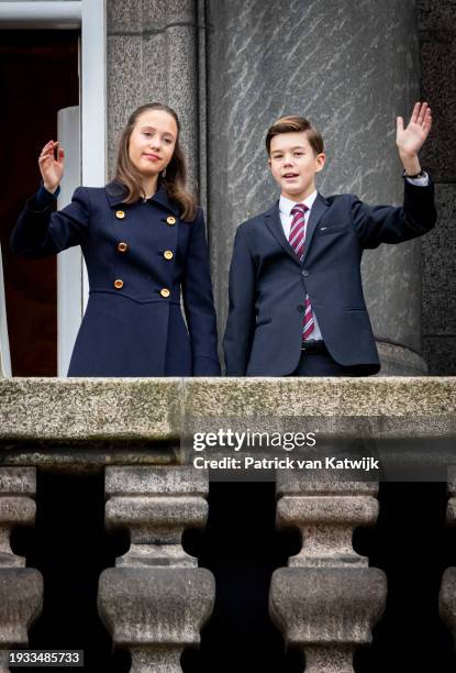 Princess Josephine of Denmark and Prince Vincent of Denmark at the proclamation of HM King Frederik X and HM Queen Mary of Denmark on January 14,...