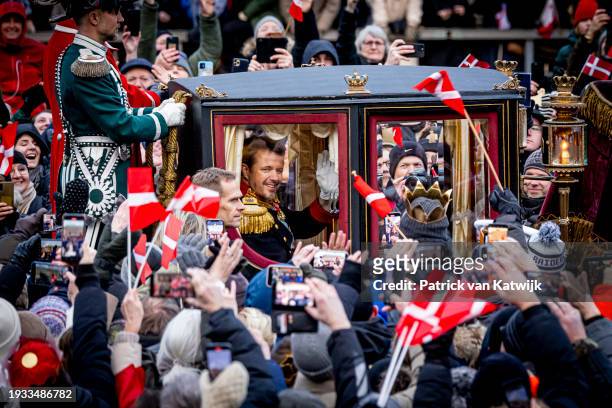 King Frederik X of Denmark leaves by carriage after the proclamation of HM King Frederik X and HM Queen Mary of Denmark on January 14, 2024 in...