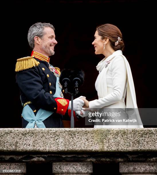 King Frederik X of Denmark and Queen Mary of Denmark at the proclamation of HM King Frederik X and HM Queen Mary of Denmark on January 14, 2024 in...