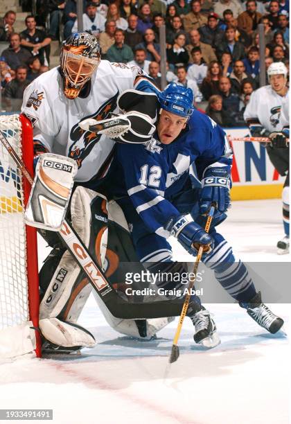 Tom Fitzgerald of the Toronto Maple Leafs skates against Olaf Kolzig of the Washington Capitals during NHL game action on October 25, 2003 at Air...