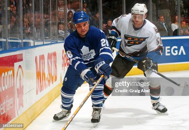 Tie Domi of the Toronto Maple Leafs skates against Sergei Gonchar of the Washington Capitals during NHL game action on October 25, 2003 at Air Canada...