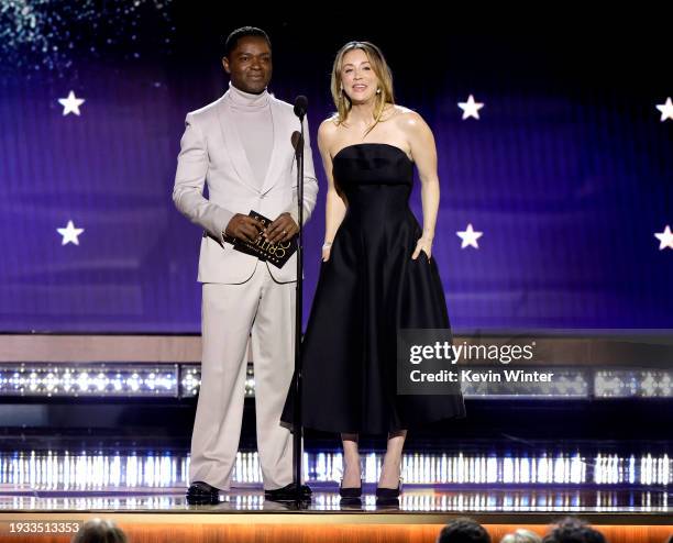 David Oyelowo and Kaley Cuoco speak onstage during the 29th Annual Critics Choice Awards at Barker Hangar on January 14, 2024 in Santa Monica,...