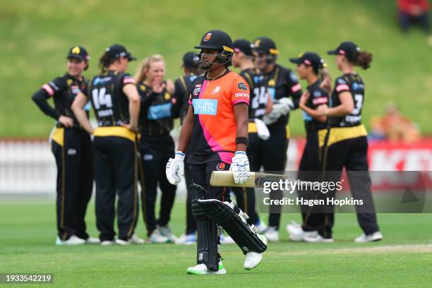 Chamari Athanaththu of Northern Districts leaves the field after being dismissed during the T20 Super Smash match between the Wellington Blaze and...