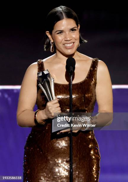 America Ferrera accepts the SeeHer Award onstage during the 29th Annual Critics Choice Awards at Barker Hangar on January 14, 2024 in Santa Monica,...