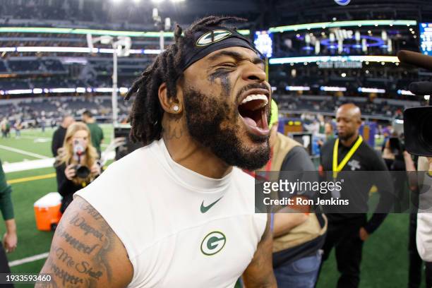 Keisean Nixon of the Green Bay Packers leaves the field following the NFC Wild Card Playoff game against the Dallas Cowboys at AT&T Stadium on...