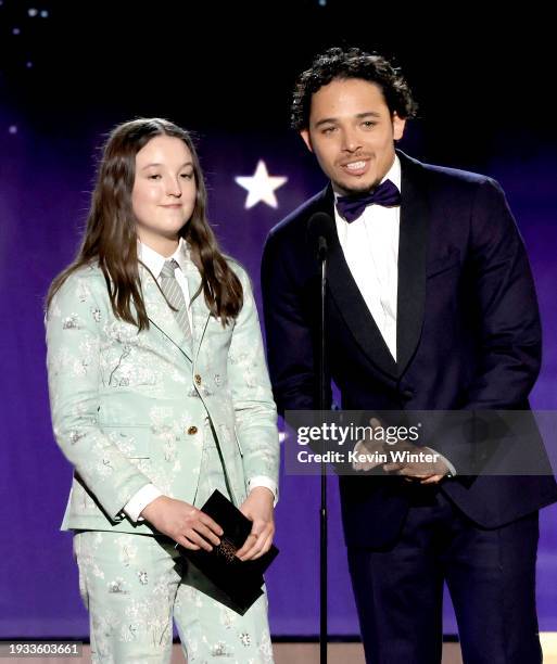 Bella Ramsey and Anthony Ramos speak onstage during the 29th Annual Critics Choice Awards at Barker Hangar on January 14, 2024 in Santa Monica,...