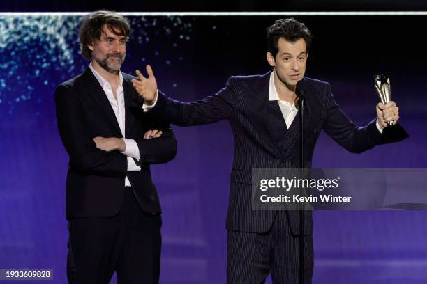 Andrew Wyatt and Mark Ronson accept the Best Song Award for "I’m Just Ken" onstage during the 29th Annual Critics Choice Awards at Barker Hangar on...