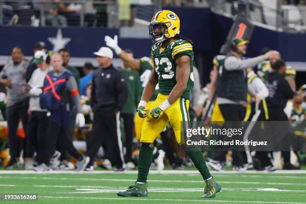 Aaron Jones of the Green Bay Packers reacts to a play against the Dallas Cowboys during the NFC Wild Card Playoff game at AT&T Stadium on January 14,...