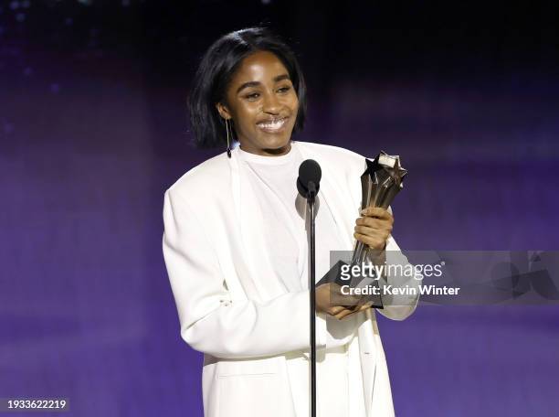 Ayo Edebiri accepts the Best Actress in a Comedy Series Award for 'The Bear' onstage during the 29th Annual Critics Choice Awards at Barker Hangar on...