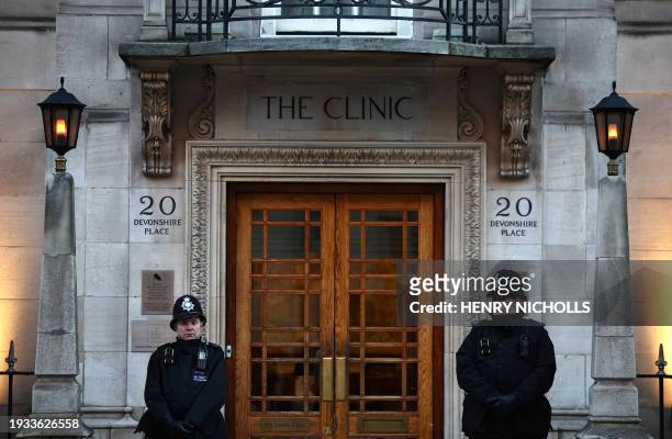 Police officers stand guard outside the London Clinic in London on January 18, 2024 where Britain's Catherine, Princess of Wales, underwent surgery....