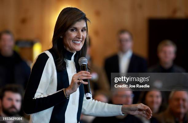 Republican presidential candidate former U.N. Ambassador Nikki Haley speaks at a campaign event at Country Lane Lodge on January 14, 2024 in Adel,...