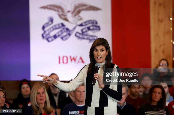 Republican presidential candidate former U.N. Ambassador Nikki Haley speaks at a campaign event at Country Lane Lodge on January 14, 2024 in Adel,...