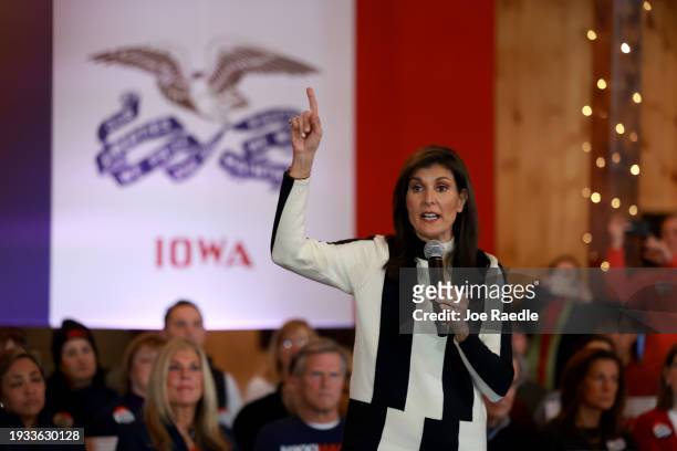 Republican presidential candidate former U.N. Ambassador Nikki Haley speaks at a campaign event at Country Lane Lodge on January 14, 2024 in Adel,...