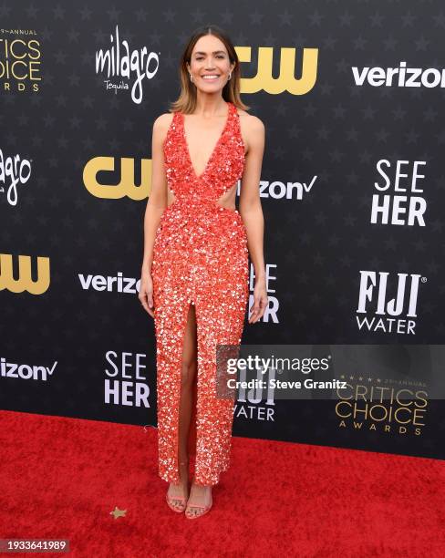 Mandy Moore arrives at the 29th Annual Critics Choice Awards at Barker Hangar on January 14, 2024 in Santa Monica, California.