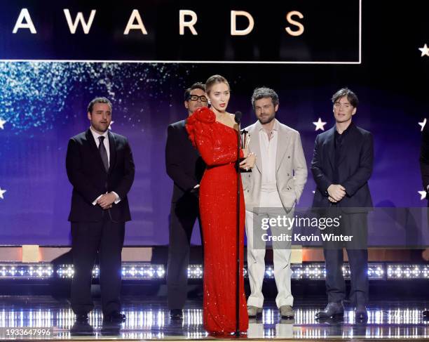 David Krumholtz, Robert Downey Jr., Emily Blunt, Alden Ehrenreich and Cillian Murphy accept the Best Acting Ensemble Award for 'Oppenheimer' onstage...