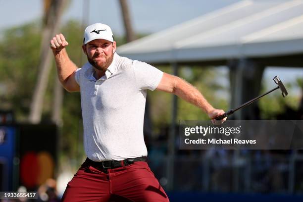 Grayson Murray of the United States celebrates after making a putt on the 18th green during the playoff round against Keegan Bradley of the United...