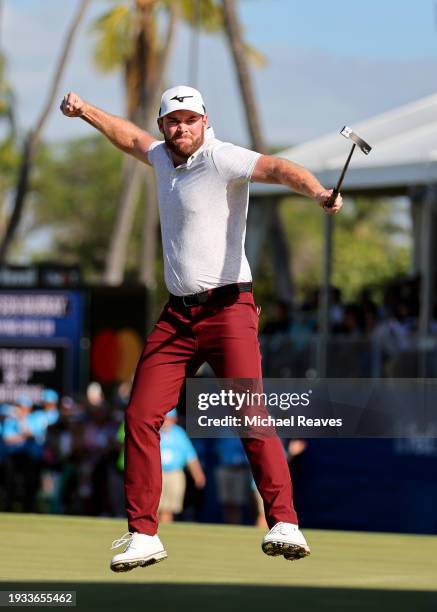 Grayson Murray of the United States celebrates after making a putt on the 18th green during the playoff round against Keegan Bradley of the United...