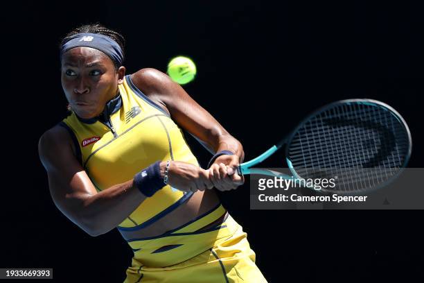 Coco Gauff of the United States plays a backhand in their round one singles match against Anna Karolina Schmiedlova of Slovakia during the 2024...