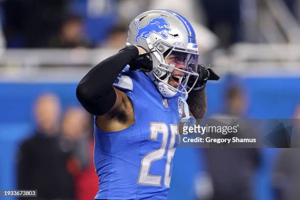 Jahmyr Gibbs of the Detroit Lions celebrates after scoring a touchdown during the first quarter against the Los Angeles Rams in the NFC Wild Card...