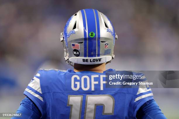 Jared Goff of the Detroit Lions looks on during the first quarter against the Los Angeles Rams in the NFC Wild Card Playoffs at Ford Field on January...