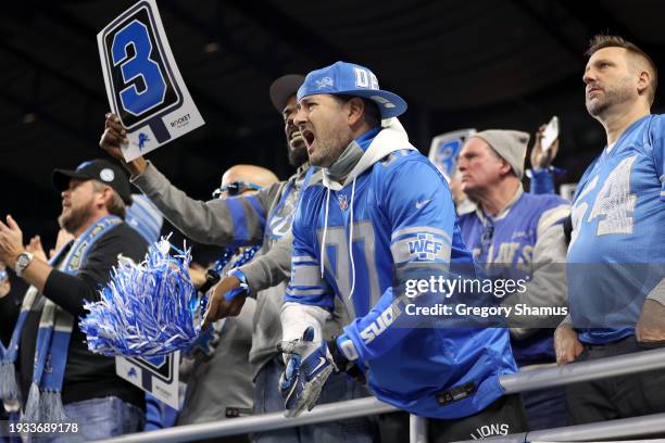 Detroit Lions fans react during the first half against the Los Angeles Rams in the NFC Wild Card Playoffs at Ford Field on January 14, 2024 in...