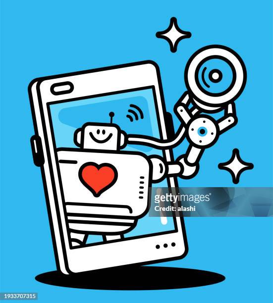futuristic healthcare companion, an artificial intelligence robot doctor holds a stethoscope on a smartphone screen - personalized medicine stock illustrations