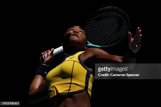 Coco Gauff of the United States serves in their round one singles match against Anna Karolina Schmiedlova of Slovakia during the 2024 Australian Open...