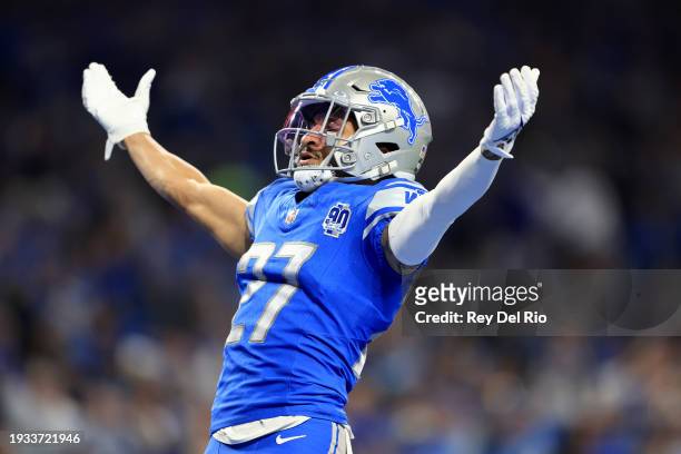 Chase Lucas of the Detroit Lions reacts during the first half against the Los Angeles Rams in the NFC Wild Card Playoffs at Ford Field on January 14,...