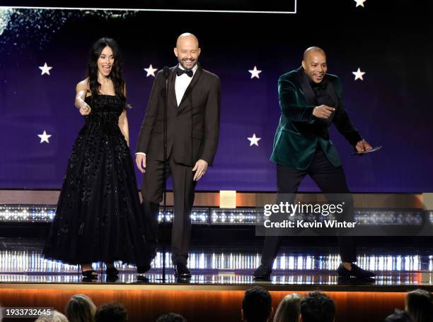 Abigail Spencer, John Cryer and Donald Faison speak onstage during the 29th Annual Critics Choice Awards at Barker Hangar on January 14, 2024 in...
