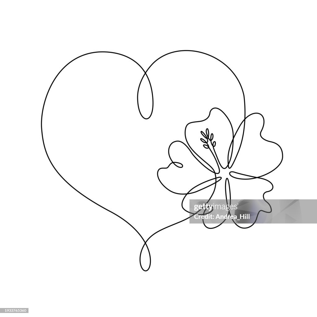 Heart continuous thin line drawing with hibiscus flower