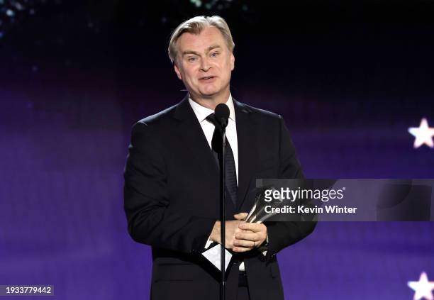 Christopher Nolan accepts the Best Director Award for 'Oppenheimer' onstage during the 29th Annual Critics Choice Awards at Barker Hangar on January...