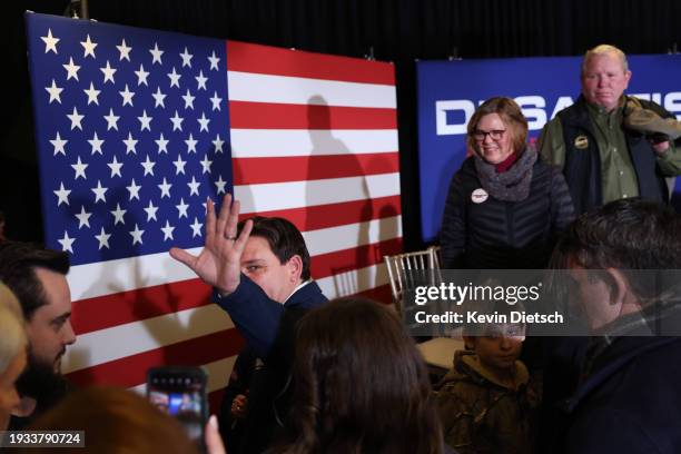 Ankeny, Iowa Republican presidential candidate Florida Gov. Ron DeSantis leaves a campaign event the District Venue on January 14, 2024 in Ankeny,...