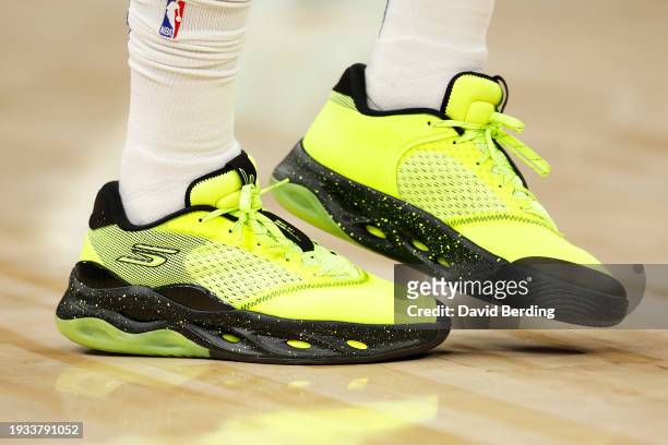 View of the Skechers sneakers worn by Terance Mann of the LA Clippers against the Minnesota Timberwolves in the third quarter at Target Center on...