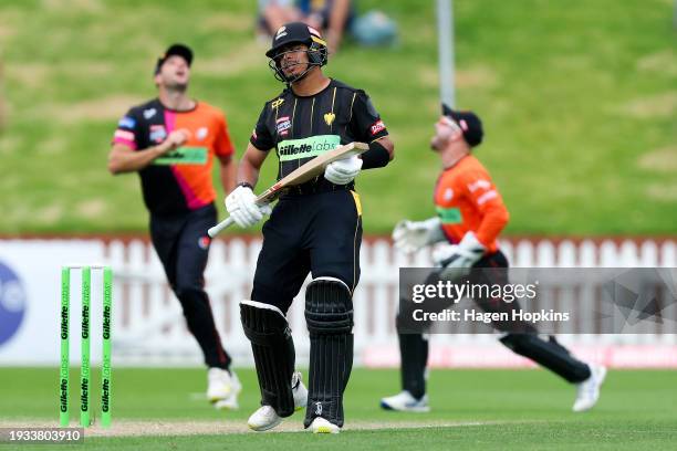 Muhammad Abbas of Wellington leaves the field after being dismissed during the T20 Super Smash match between the Wellington Firebirds and the...