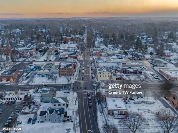 Early evening winter aerial photo of the four corners in the Village of Pittsford, New York. (01-14-2024)