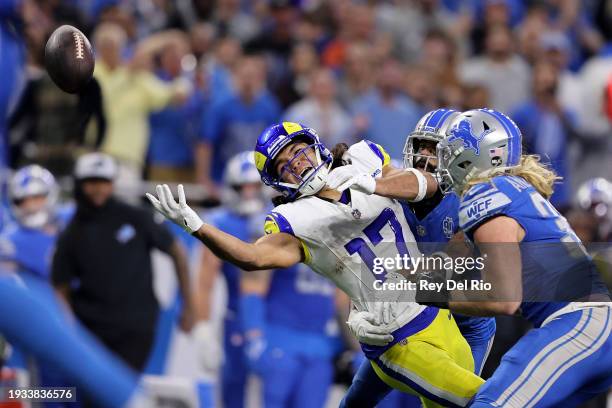 Puka Nacua of the Los Angeles Rams is unable to make a catch during the fourth quarter against the Detroit Lions in the NFC Wild Card Playoffs at...