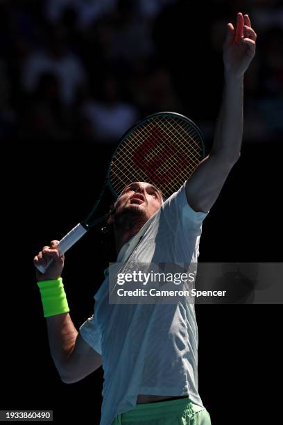 Stefanos Tsitsipas of Greece serves in their round one singles match against Zizou Bergs of Belgium during the 2024 Australian Open at Melbourne Park...