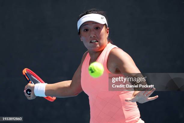 Claire Liu of the United States plays a forehand in their round one singles match against Marta Kostyuk of Ukraine during the 2024 Australian Open at...