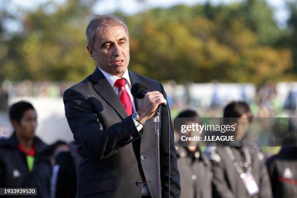 Head coach Bosko Gjurovski of Nagoya Grampus speaks to fans after the final game of the season following the J.League J1 second stage match between...