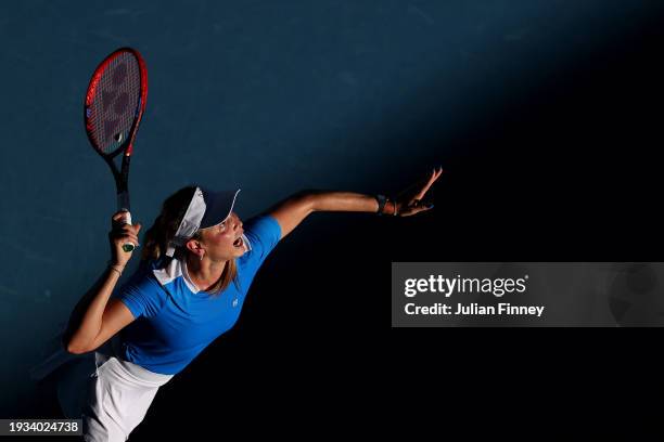 Donna Vekic of Croatia serves in their round one singles match against Anastasia Pavlyuchenkova during the 2024 Australian Open at Melbourne Park on...