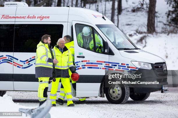 King Carl Gustav of Sweden visits the Stockholm Bypass on January 18, 2024 in Stockholm, Sweden. The Stockholm Bypass is a series of underground...