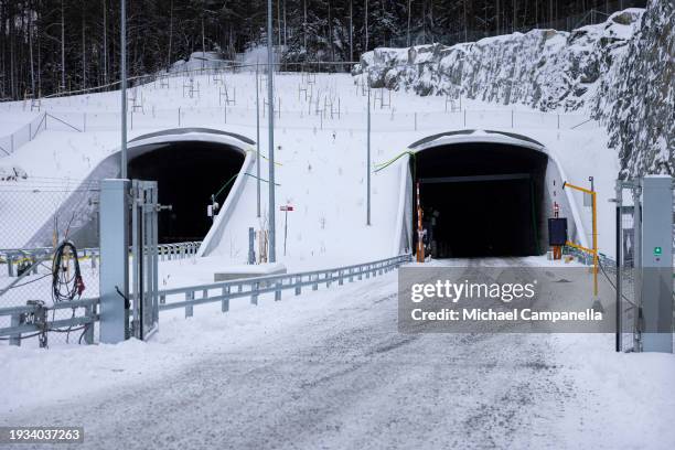 View of an entrance tunnel to the Stockholm Bypass on January 18, 2024 in Stockholm, Sweden. The Stockholm Bypass is a series of underground motorway...