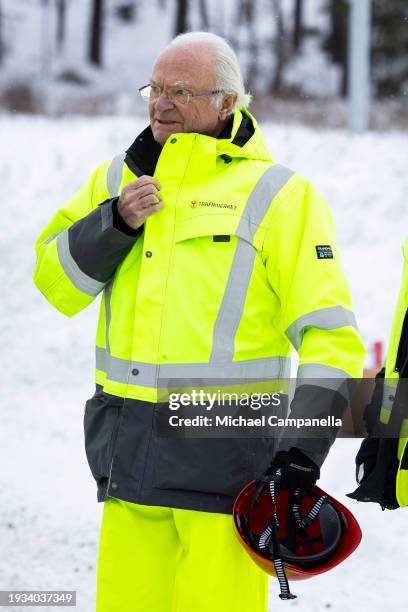 King Carl Gustav of Sweden visits the Stockholm Bypass on January 18, 2024 in Stockholm, Sweden. The Stockholm Bypass is a series of underground...