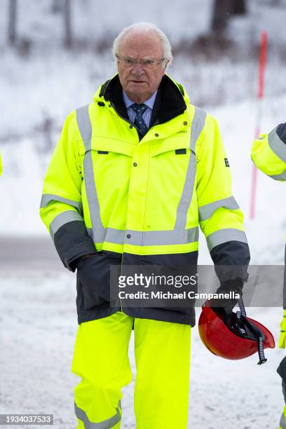 King Carl Gustav of Sweden visits the Stockholm Bypass on January 18, 2024 in Stockholm, Sweden. The Stockholm Bypass is a series of underground...